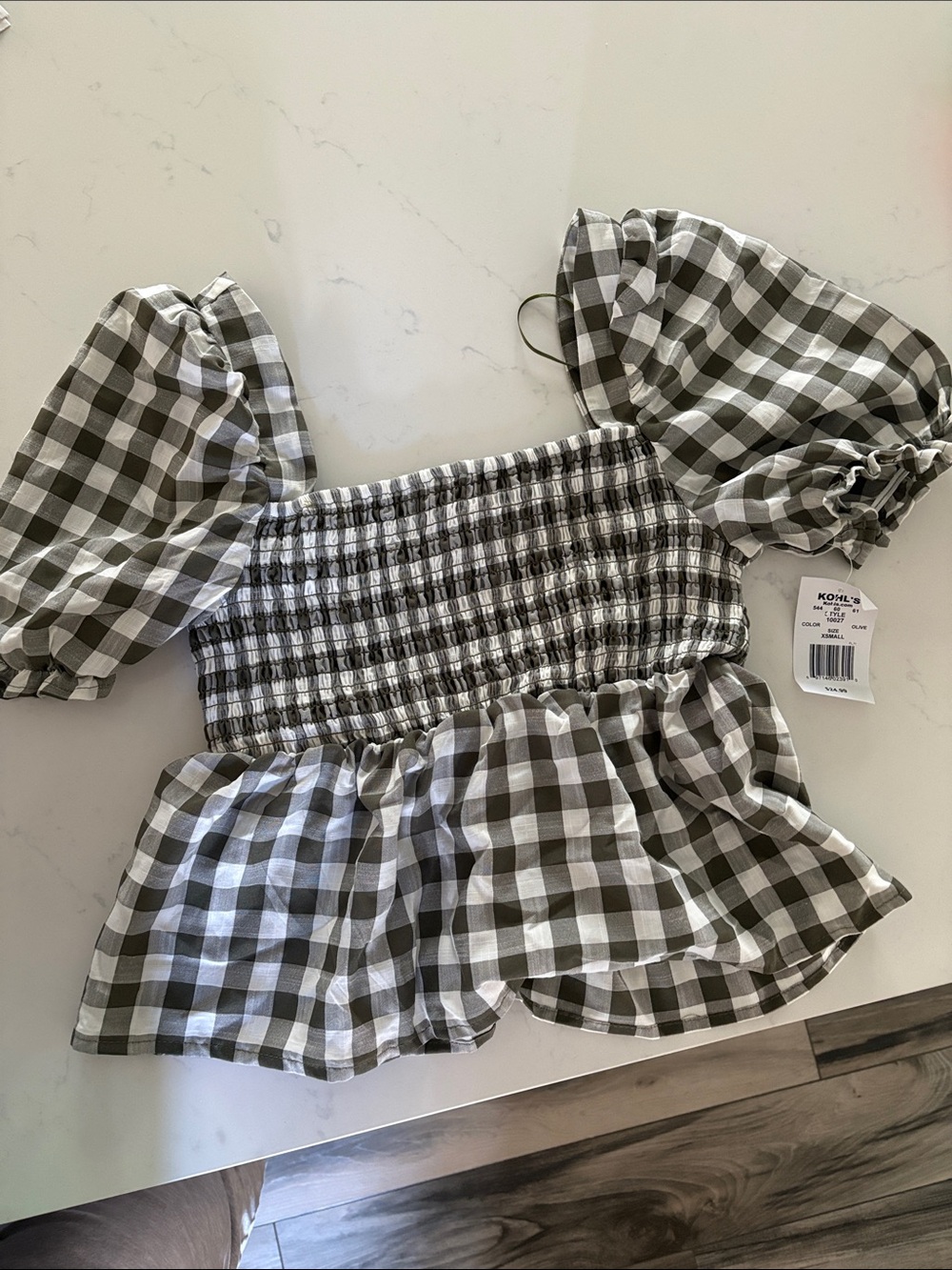 Smocked Gingham Puff-Sleeve Blouse - Gray/White